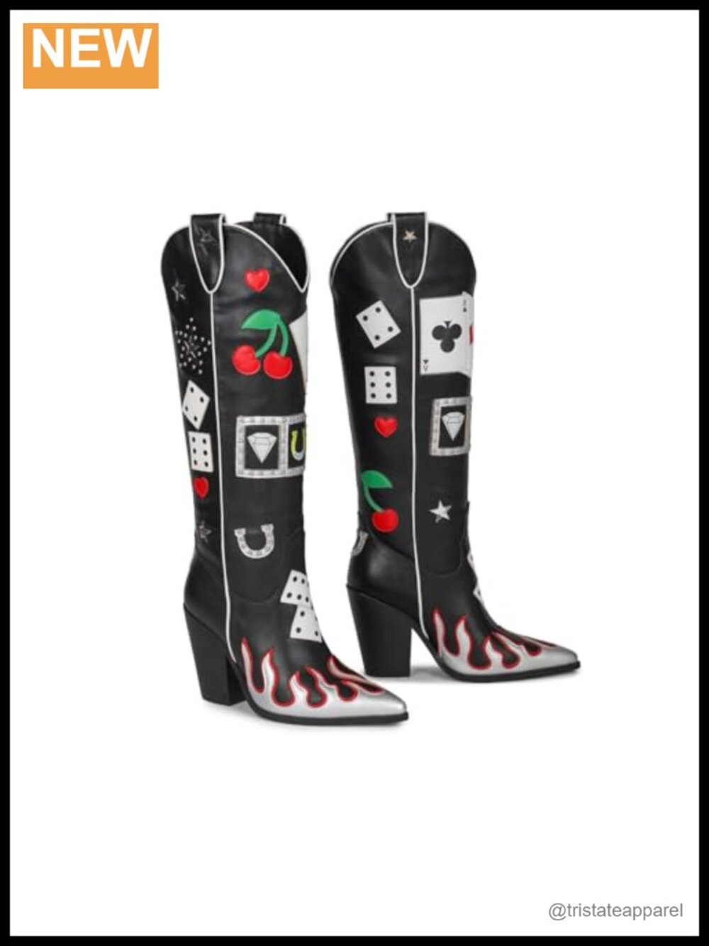 Women's Faux Leather Western Knee-High Cowboy Boots with Crystal Embellishment